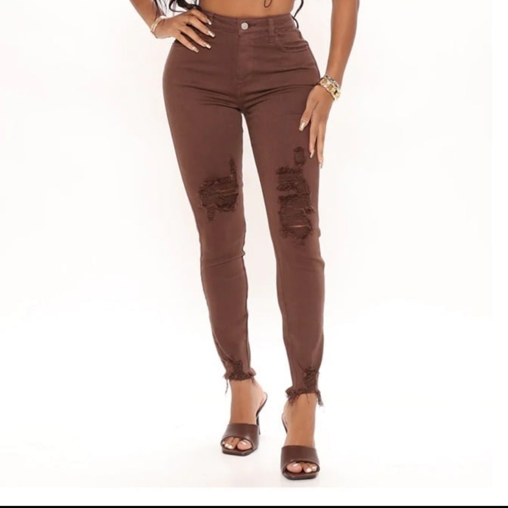 Fashion Nova Brown Distressed Skinny Jeans - Picture 1 of 5